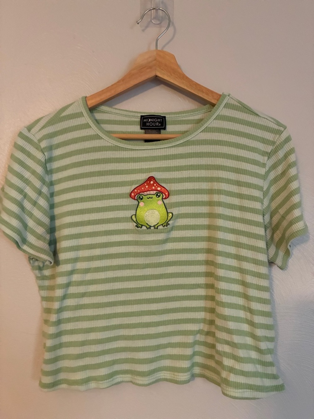 Green Striped Frog Mushroom Toadstool Patch Tee Cottagecore